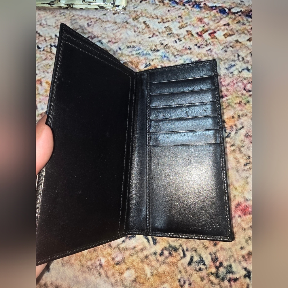Gucci Black Leather Long Wallet Stiched Sherry Line With COA - Picture 2 of 6